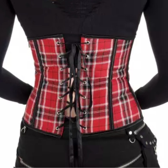 Red plaid Tartan under breast corset. Worn once in photoshop. - Picture 2 of 4